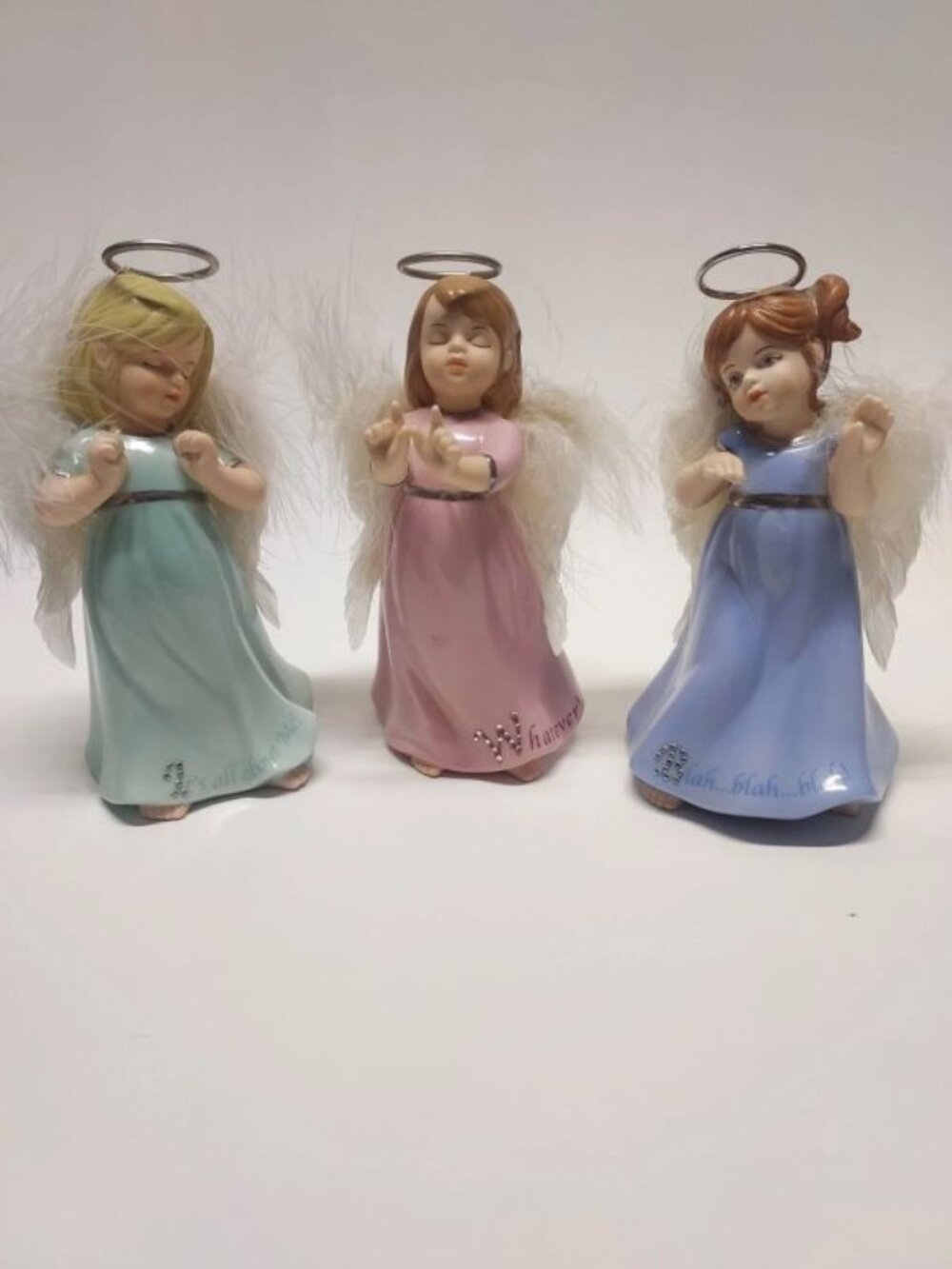 Vintage 2007 Bradford Set 3 Porcelain Attitude Angel Figurines feather wings